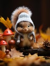 a squirrel wearing a knitted hat and sitting on a log surrounded by autumn leaves Royalty Free Stock Photo