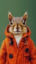 Squirrel wearing an orange coat on a green background, posing cutely. Royalty Free Stock Photo