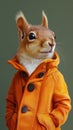 A squirrel wearing an orange coat poses confidently against a simple green backdrop. Royalty Free Stock Photo