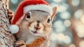 Squirrel wearing a Santa hat perched on a tree trunk, AI Royalty Free Stock Photo