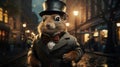 A squirrel wearing a suit and hat in old city in night
