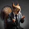 A squirrel wearing a suit and tie is making a face and yelling Royalty Free Stock Photo