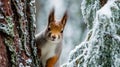 A squirrel peeking out from behind a tree in the snow Royalty Free Stock Photo