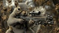 A squirrel wielding a weapon in a surreal, humorous setting Royalty Free Stock Photo