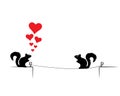 Squirrels silhouettes on wire on love, vector. Squirrels couple in love with red hearts illustration. Cartoon character