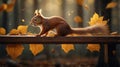Adorable Red Squirrel on Wooden Bench in Autumn Royalty Free Stock Photo
