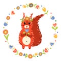 A squirrel with a wreath of flowers on its head. Hello spring. Vector illustration