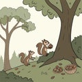 Squirrels collecting nuts under trees vector background Royalty Free Stock Photo