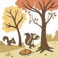 Squirrels collecting nuts under trees vector background Royalty Free Stock Photo
