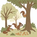 Squirrels collecting nuts under trees vector background Royalty Free Stock Photo