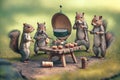 Squirrel Eating at Picnic Table with a small barbecue illustration generative ai