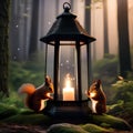 Squirrels lighting a lantern amidst a forest filled with twinkling fireflies5 Royalty Free Stock Photo