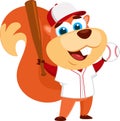 Cute Squirrel Cartoon Character Swinging A Baseball Bat And Ball