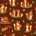 Squirrels surrounded with autumn leaves, acorns, nuts and mushrooms seamless pattern vector illustration. Hello autumn