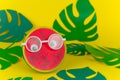 Watermelon in glasses on yellow background among paper cut tropical leaves