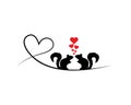 Squirrels silhouettes on wire in love, vector. Squirrels couple in love with red hearts illustration. Cartoon character isolated