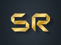 SR - Vector gold logotype. Elegant golden Template for company logo. Pseudo origami style. 3d Metallic Design element or icon