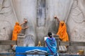 SRAVANABELGOLA, KARNATAKA, MAY 2016, Priests offer worship to gigantic statue of Bahubali, Chandragiri hill