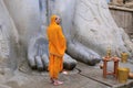 SRAVANABELGOLA, KARNATAKA, MAY 2016, Priests offer worship to gigantic statue of Bahubali, Chandragiri hill