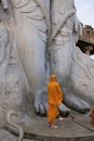 SRAVANABELGOLA, KARNATAKA, MAY 2016, Priests offer worship to gigantic statue of Bahubali, Chandragiri hill