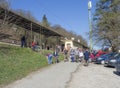 Srbsko, Czech Republic, March 23, 2019: Group of smiling senior people tourists going on trip from small local train