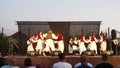 Sremska Mitrovica Serbia 9.9.23 Girls and boys, children in traditional Serbian Balkan costumes dance Kolo. Circle dance