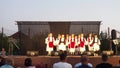 Sremska Mitrovica Serbia 9.9.23 Girls and boys, children in traditional Serbian Balkan costumes dance Kolo. Circle dance