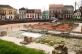 Sremska Mitrovica, Serbia, March 16, 2023 Zitni trg historical square. Ancient multi-colored buildings and excavations