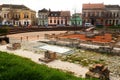 Sremska Mitrovica, Serbia, March 16, 2023 Zitni trg historical square. Ancient multi-colored buildings and excavations