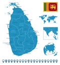 Sri Lanka - detailed blue country map with cities, regions, location on world map and globe. Infographic icons