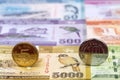 Sri Lankan coins on the background of money