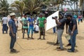 A Sri Lankan radio station films an interview on Negombo beach in Sri Lanka.