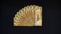 5000 Sri Lankan rupee notes stack on a black background. making a quarter circle, yellow golden color bills Royalty Free Stock Photo