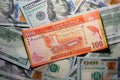 100 Sri Lankan rupees on a background of 100 dollar bills