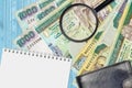 1000 Sri Lankan rupees bills and magnifying glass with black purse and notepad. Concept of counterfeit money. Search for