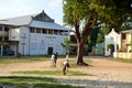 Sri Lankan Tamil boys play football outside a hostel in compound of St Mary`s Cathedral Catholic church Jaffna Sri Lanka