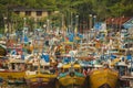 Sri Lankan traditional fishing catamarans, Colorful fishing boats docked docked in the port of Beruwala, Sri Lanka Royalty Free Stock Photo