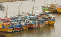 Sri Lankan traditional fishing catamarans, Colorful fishing boats docked docked in the port of Beruwala, Sri Lanka Royalty Free Stock Photo