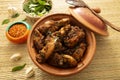 Sri Lankan traditional Style chili chicken recipe chili flacks curry leaves garlic pieces Royalty Free Stock Photo