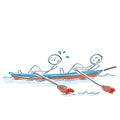 Stick figures sitting together in the rowing boat are rowing