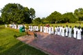 Srilankan devotees standing in queue to observe the birth place of Buddha at Lumbini, Nepal Royalty Free Stock Photo
