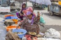 Indian woman working at fish street market in Srinagar, Jammu and Kashmir state, India Royalty Free Stock Photo