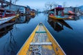 Many Shikara Tourist Boats passing each other at Dal lake in Srinagar, Kashmir, India Royalty Free Stock Photo