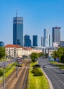 Srodmiescie business district of Warsaw, Poland over Niepodleglosci avenue with Varso Tower