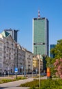 Srodmiescie downtown business district of Warsaw city center with Marriott hotal Tower at Aleje Jerozolimskie avenue in Poland