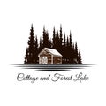 Cottage and pine forest with lake / river logo - illustration vector Royalty Free Stock Photo