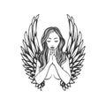 Praying angel tattoo design, pretty woman praying vector illustration