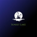 Sunset Sunrise Moon Grass Cattails Reed River Lake Creek Logo Design Vector