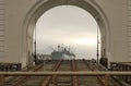 SS Jeremiah O`Brien war ship ruins through Pier 39 Ferry Arch. Royalty Free Stock Photo
