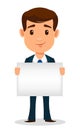 Ss man cartoon character in smart clothes, office style. Young handsome businessman in suit holding blank placard. Royalty Free Stock Photo